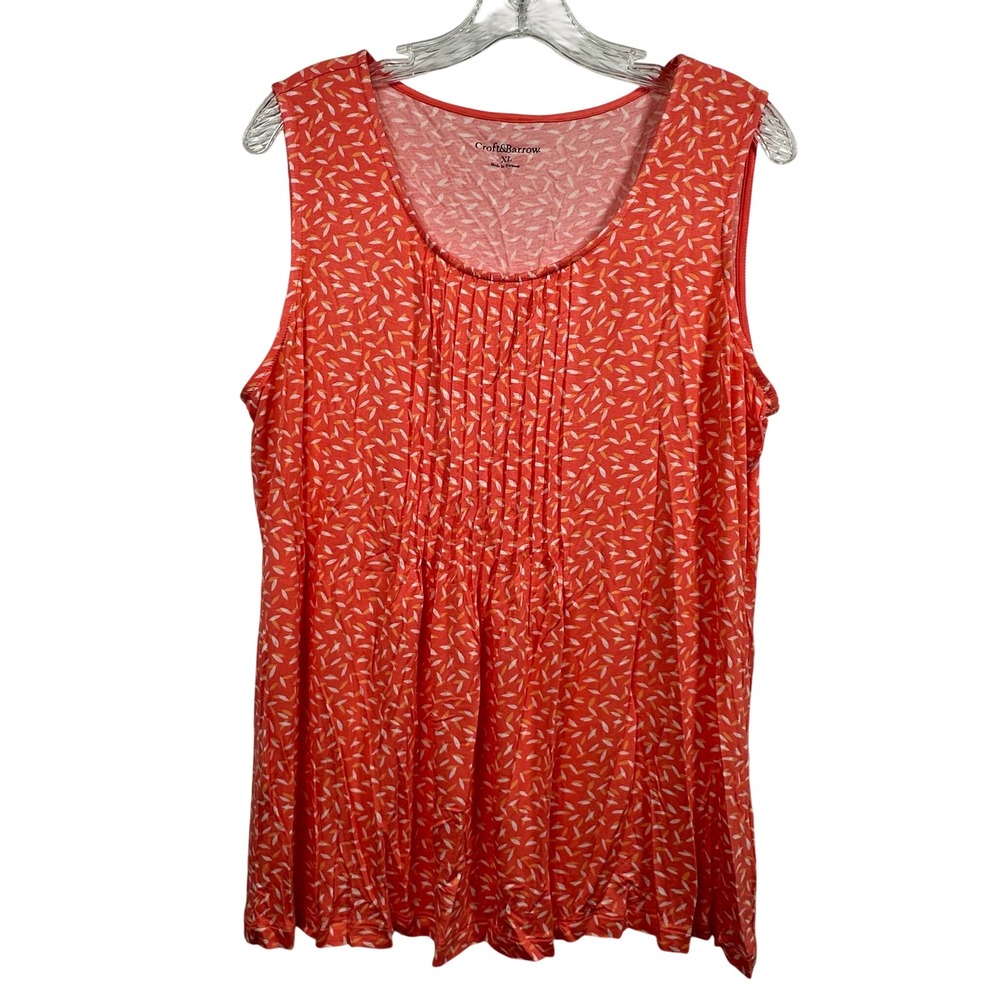 Croft & Barrow Womens XL Coral Orange Leaf Print Pintuck Scoop Neck Tank Top